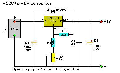 Simple 12V to 9V with a LM317 Circuit Diagram 1.gif